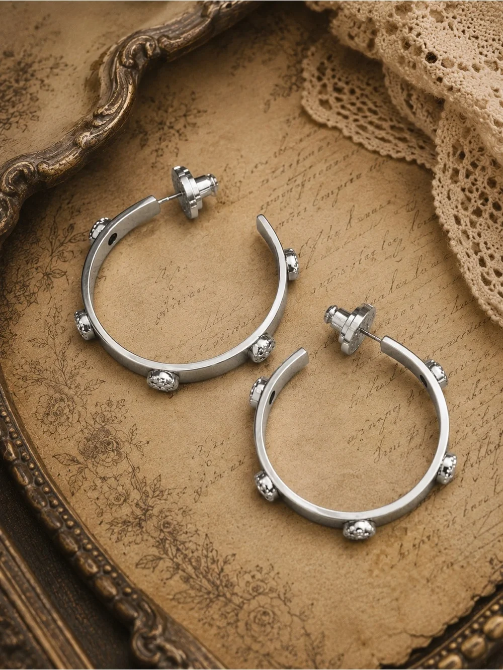 TORY BURCH • Silver Milgrain Logo Hoop Earrings Includes Tory Burch Jewelry Bag